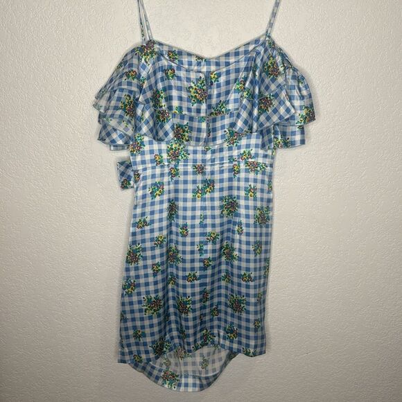 New ALESSANDRA RICH Off-Shoulder Floral Dress Medium Blue Gingham IT40/Small - Picture 6 of 16